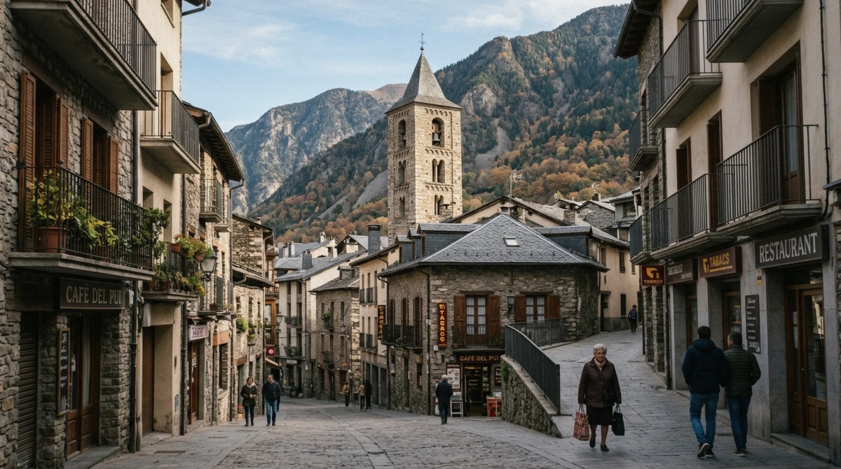 Stone bell tower and Pyrenean slopes above Andorra la Vella on an Andorra tour from Barcelona