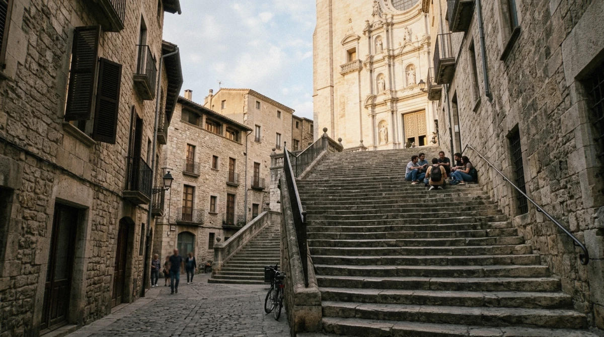 Cathedral steps and stone lanes in Girona's old town on a Girona and Costa Brava tour from Barcelona, Catalonia