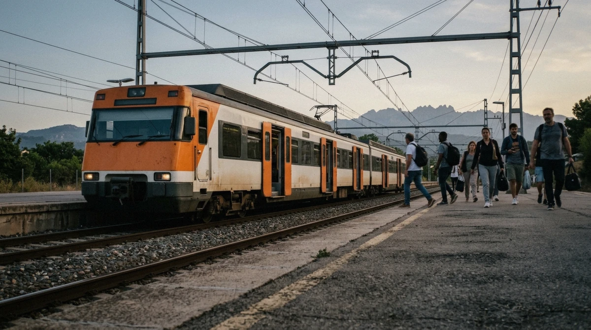 Regional Renfe train at an open platform outside Barcelona on a day trip from Barcelona by train, Catalonia