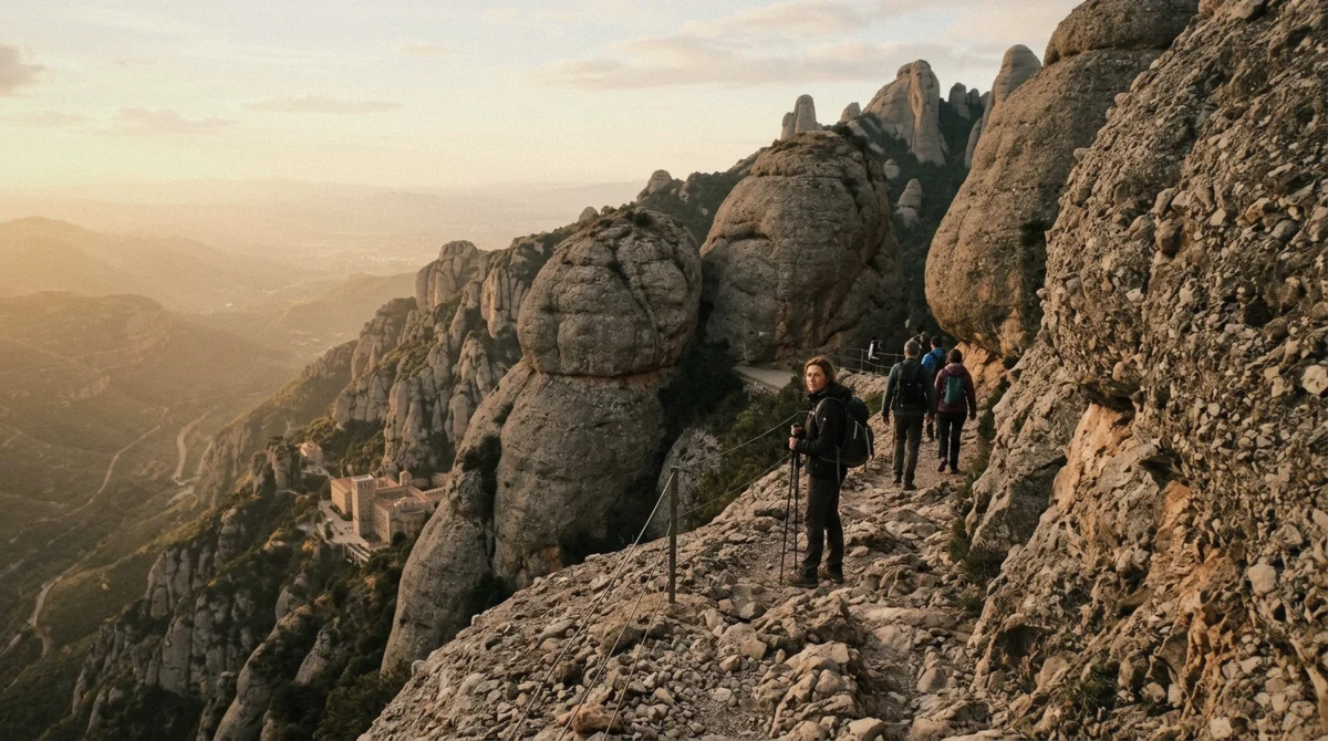 Walkers on the high path above Montserrat monastery on a Montserrat tour from Barcelona, Catalonia