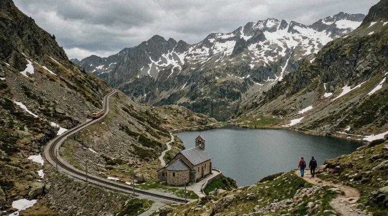 Rack railway climbing to Vall de Núria in the Pyrenees on a Pyrenees day trip from Barcelona, Catalonia