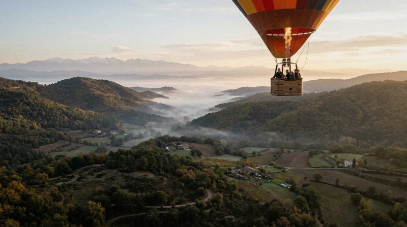 Hot air balloon over the Montseny Natural Park at sunrise on a hot air balloon day trip from Barcelona, Catalonia