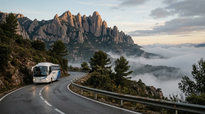 Coach parked at Montserrat monastery on a self-guided Montserrat day trip from Barcelona, Catalonia