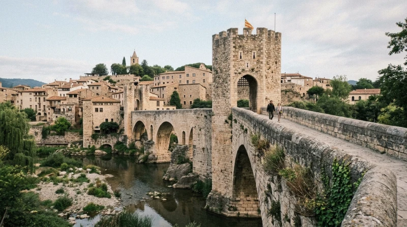 Besalú's medieval bridge over the Fluvià on a Besalú and medieval towns day trip from Barcelona, Catalonia
