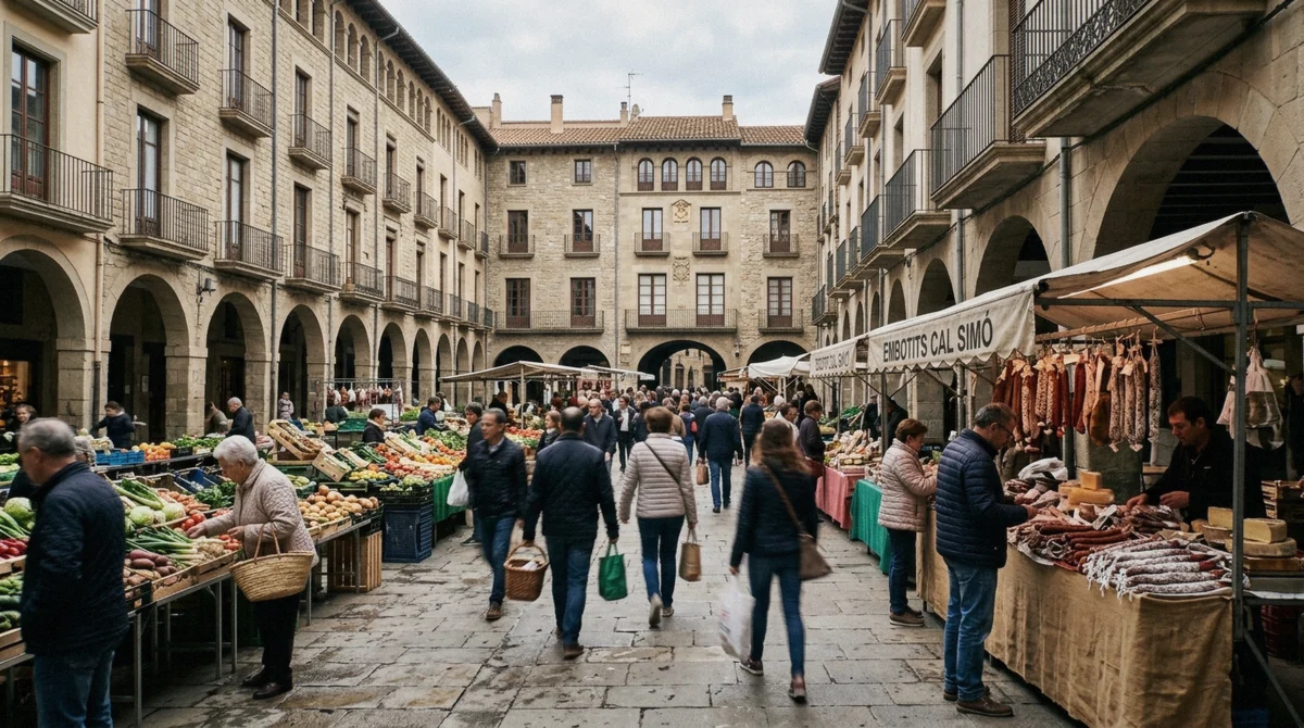 Market stalls under the arcades of Vic's Plaça Major on a medieval towns tour from Barcelona, Catalonia
